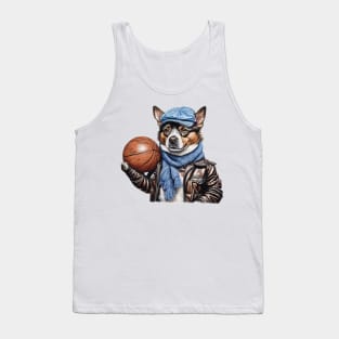 a dog wearing a leather jacket  and a hat holding a basketball ball Tank Top